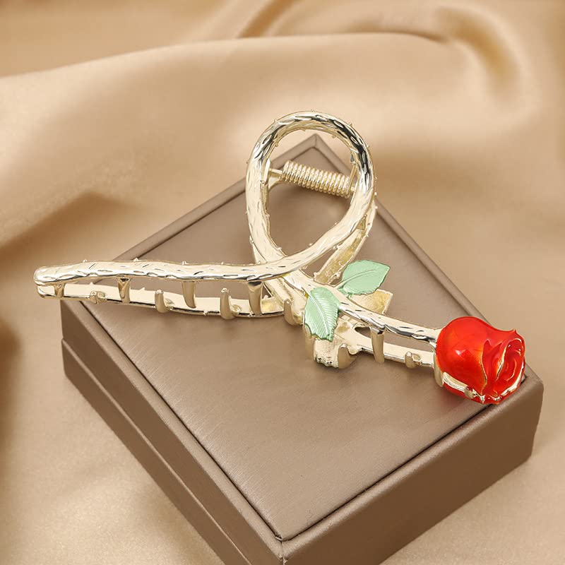 Red Elegant Rose Metal Hair Claw Clips, Large Shark Clips Non-Slip Barrettes for Strong Hold, Fashion Accessories for Long Thick Thin Curly Hair