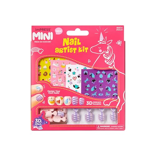 KISS imPRESS No Glue Mani Press On Nails, , 'Nail Artist Kit', Pink, Kids Size, Squoval Shape, Includes 26 Nails, 4 Sticker Sheets, 1 Mini File