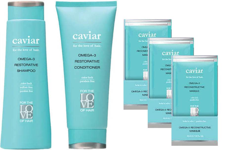 Caviar Omega-3 Restorative Hair Care Set (Pack of 5) - Includes Shampoo, Conditioner, and 3 Masque Packets