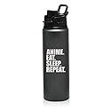 MIP Brand 25 oz Aluminum Sports Water Travel Bottle Anime Eat Sleep Repeat (Charcoal)