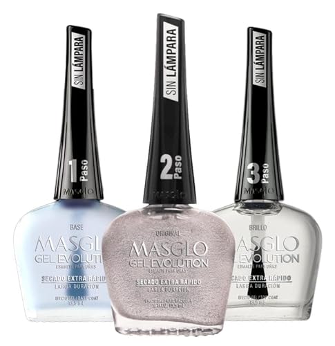 MASGLO GEL EVOLUTION Nail Polish Gel Effect, No UV/Led Lamp, Duration Up to 12 days, 3 PCs -Base, Esmalte Color, Brillo - Efecto Gel sin necesidad de Beauty & Personal Care MASGLO