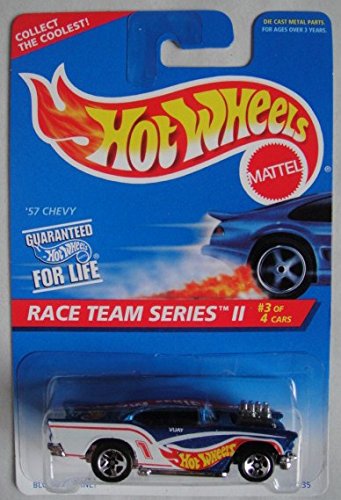 Hot Wheels Race Team Series II #3 of 4 Cars, Blue/White '57 Chevy 5 Spoke Collect The Coolest Card