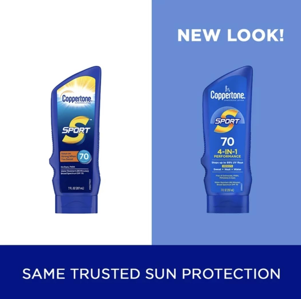 Coppertone Sport 4-in-1 Performance Sunscreen Lotion, Broad Spectrum SPF 70, Water Resistant and Sweat Resistant, 7 fl oz (Pack of 3)