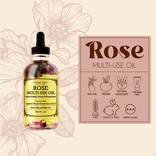 BEAUTE DE PROVENCE Multi-Use Oil for Face, Body and Hair - Organic Blend of Apricot, Vitamin E and Sweet Almond Oil Moisturizer for Dry Skin, Rose