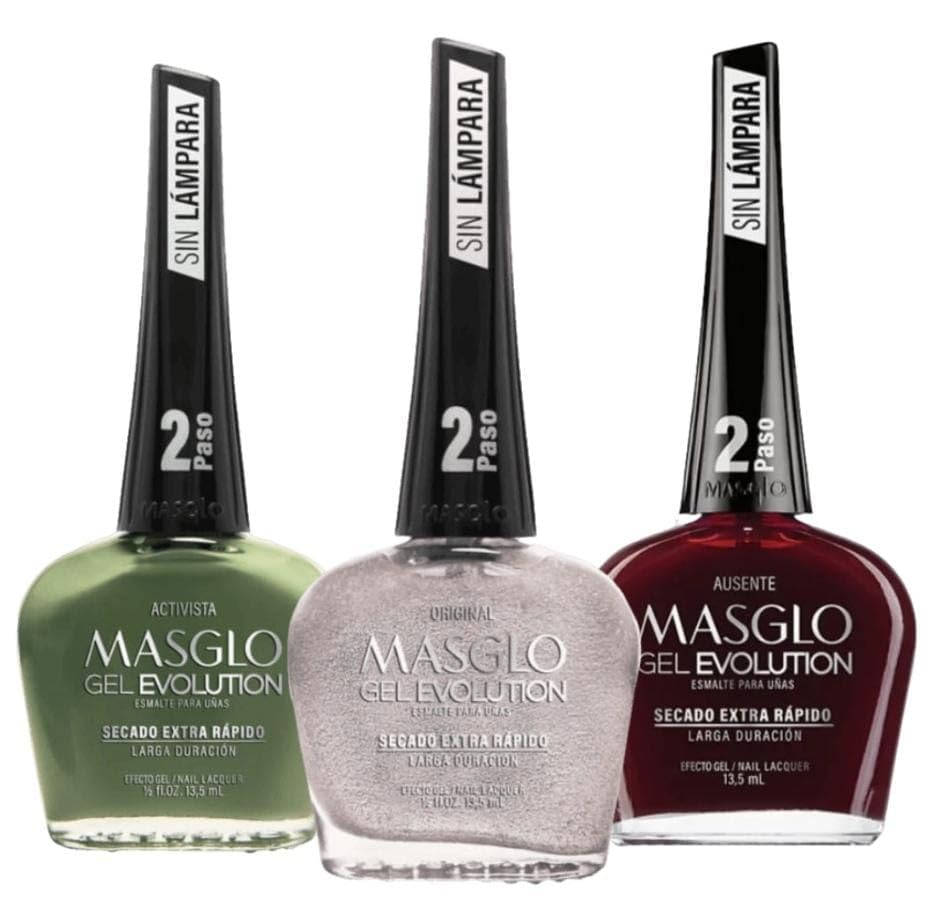 MASGLO GEL EVOLUTION Nail Polish Gel Effect, No UV/Led Lamp Required, Duration up to 12 day, 3 PCs Colors - Effecto Gel sin lampara UV/Led, duracion Beauty & Personal Care MASGLO