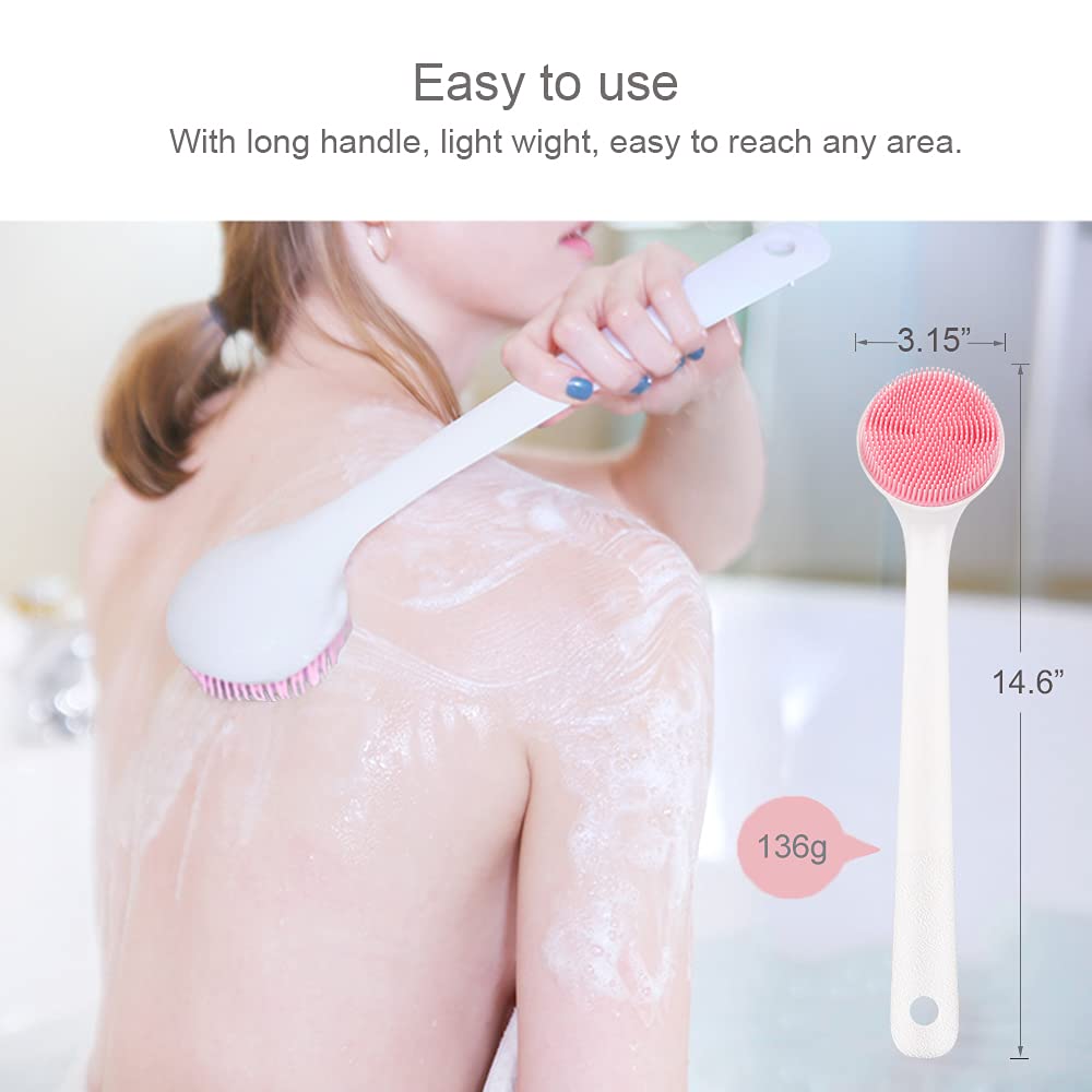 Silicone Back Scrubber for Shower, Back Washer Brush Long Handle with Soft Bristles, Bath Body Shower Exfoliator Brush for Men and Women, BPA Free