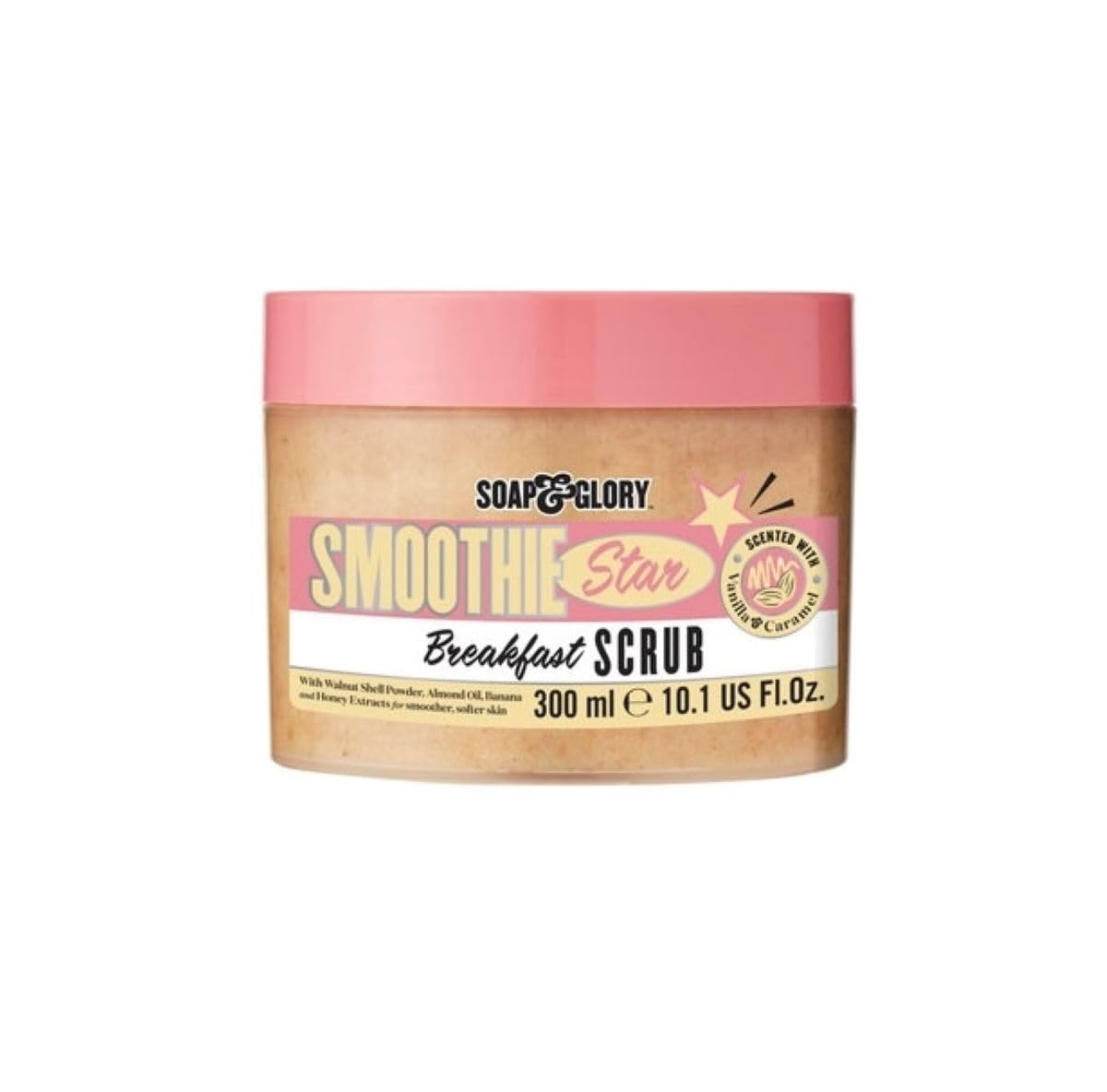Soap & Glory Smoothie Star Exfoliating Body Scrub - Buff & Smooth Skin - Almond & Caramel Scented Vegan Body Polish - Brightening Scrub with Honey