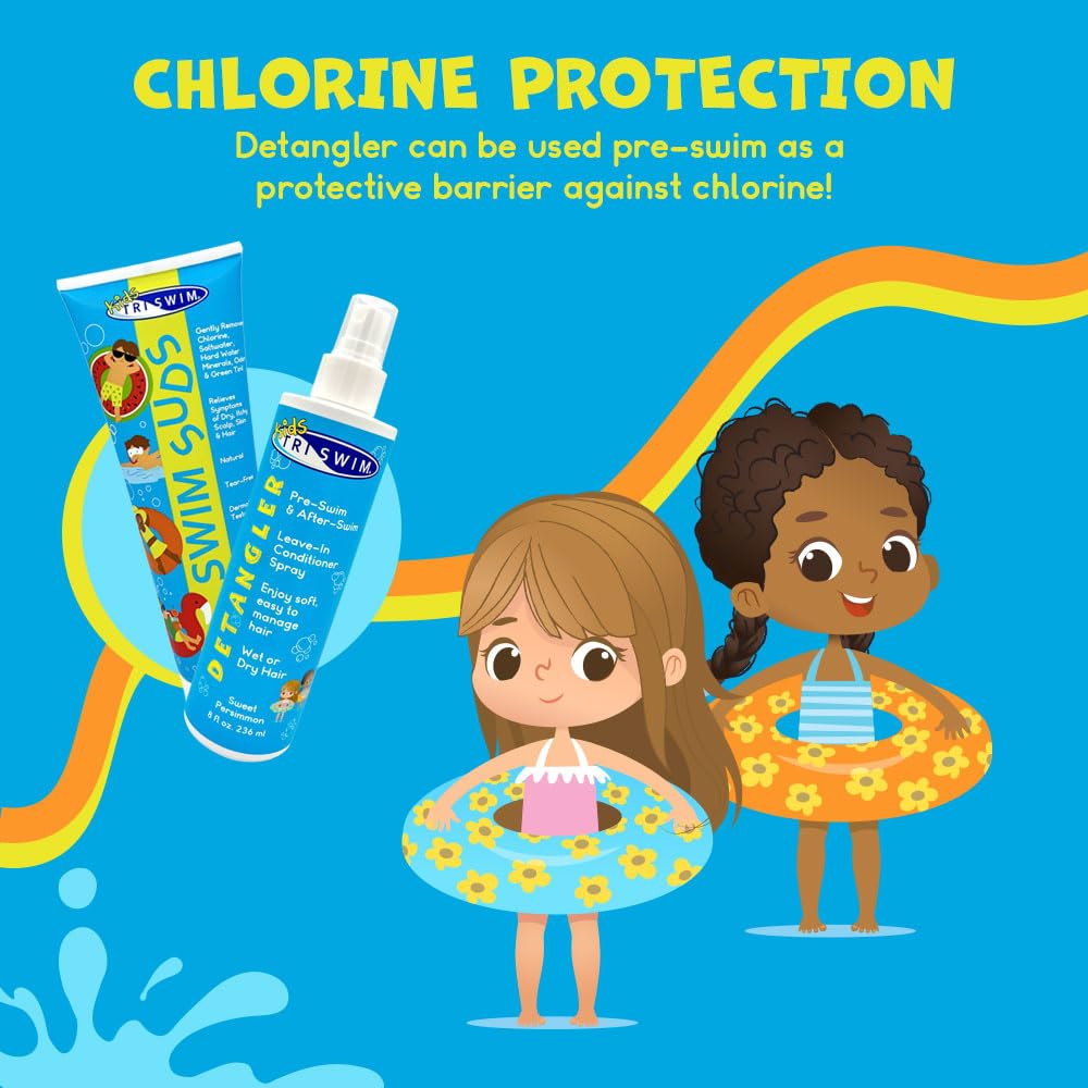 TRISWIM Kids Swim Care Bundle | Swim Suds 2-in-1 Shampoo & Body Wash 8.5 oz + Detangler Leave-In Conditioner Spray 8 oz | Tear-Free Chlorine