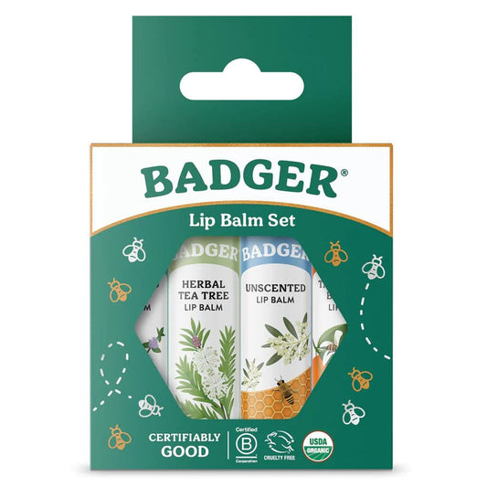 Badger Classic Organic Lip Balm Set - Green Box, Long Lasting Lip Moisturizer Gift Set, Light Silky Texture, All Natural Lip Balm Variety Pack Lip-Set