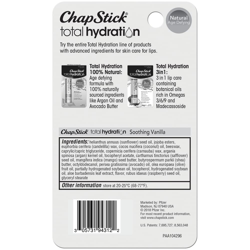 ChapStick Total Hydration Soothing Vanilla Moisturizing Lip Balm Tube, Lip Care with Argan Oil - 0.12 Oz