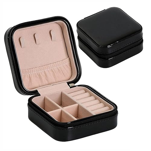 Rolin Roly PU Leather Jewelry Box Small Portable Travel Case with Zipper Black Organizer Display Storage Holder for Women Rings Earrings Necklaces…