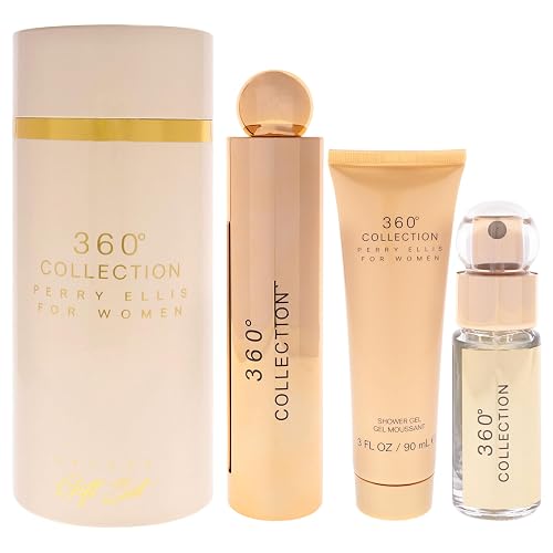 Perry Ellis 360° Collection for Women - 3-Piece Canister Gift Set (3.4 fl oz Eau de Parfum, 3 oz Shower Gel, .25 fl oz EDP Mini Travel Spray) -