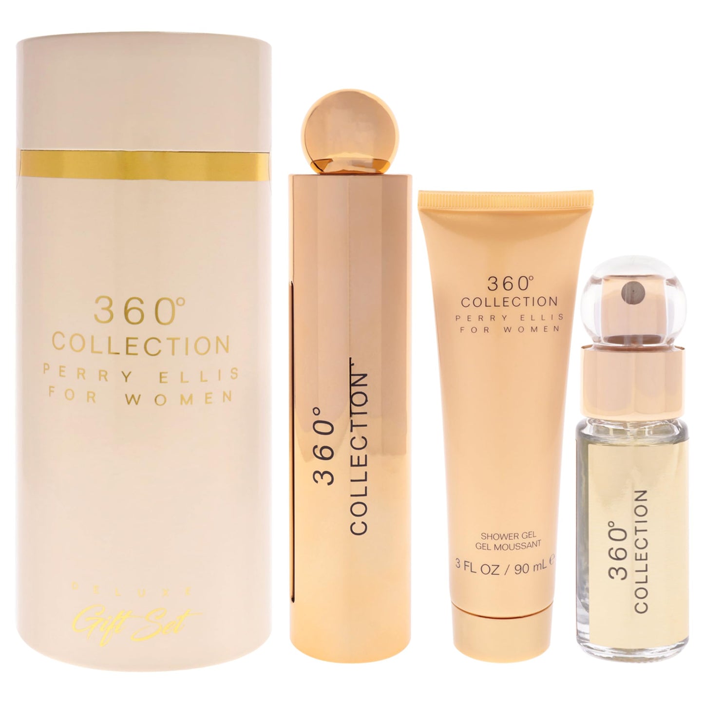 Perry Ellis 360° Collection for Women - 3-Piece Canister Gift Set (3.4 fl oz Eau de Parfum, 3 oz Shower Gel, .25 fl oz EDP Mini Travel Spray) -