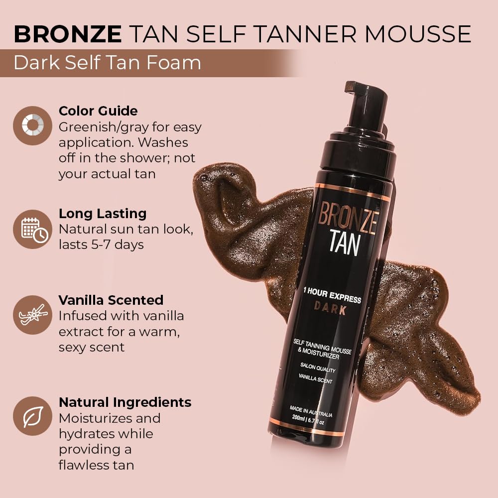 Bronze Tan Self Tanner Mousse Dark Self Tan Foam | Sunless Tanner for all Skin Tones | Salon Quality Fake Tan Vanilla Scented Best Sellers (200 ml