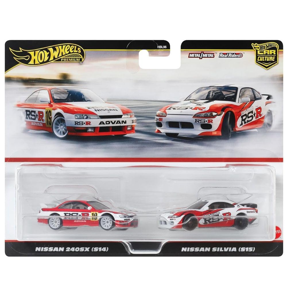 Hot Wheels HRR84 Premium 2-Pack Nissan 240SX (S14) & Nissan Silvia (S15), Mini Car, Toy, for Ages 3 and Up, White/Red