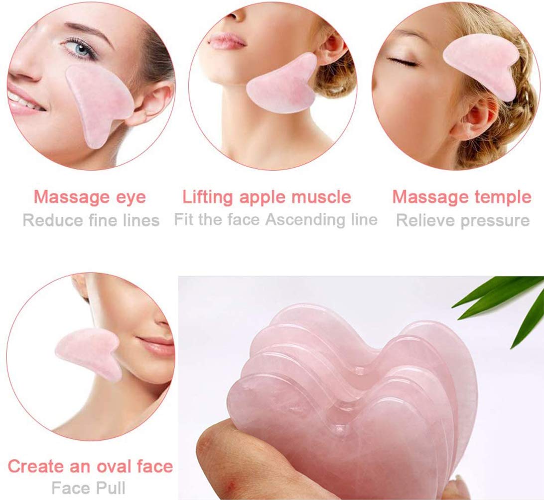 Gua Sha Massage Tool - 100% Natural Rose Quartz Heart Shape Jade Gua Sha Facial Tools for SPA Acupuncture Therapy Trigger Point Treatment, Gua Sha