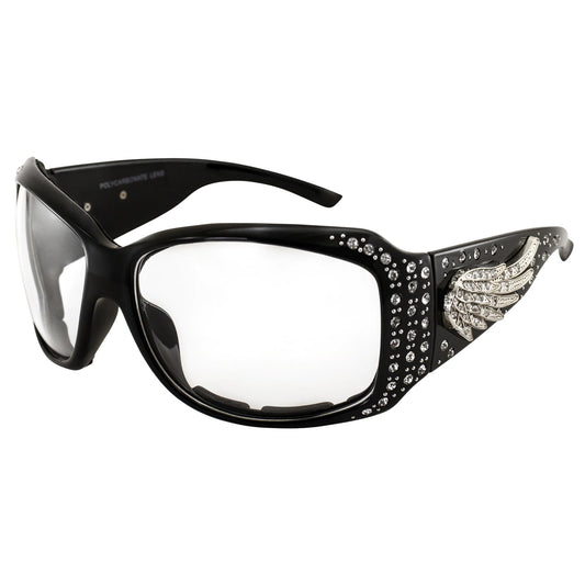 Rodeo Queen Angel Padded Motorcycle Bling Sunglasses for Women Black Frame w/Bling Rhinestones & Smoke Gradient Lens