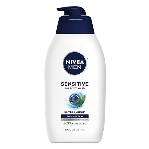 NIVEA MEN Sensitive Body Wash with Bamboo Extract, Moisturizing Body Wash for Sensitive Skin, Soap Free Shower Gel for Men with No Drying Alcohol, 30