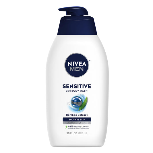 NIVEA MEN Sensitive Body Wash with Bamboo Extract, Moisturizing Body Wash for Sensitive Skin, Soap Free Shower Gel for Men with No Drying Alcohol, 30