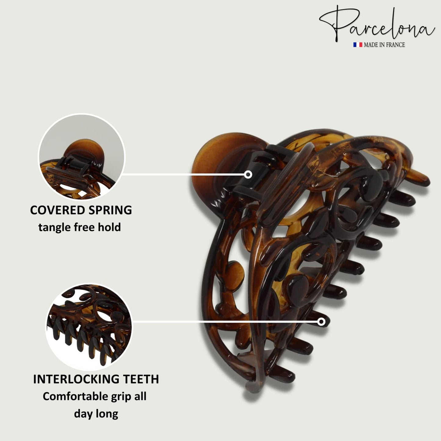 Parcelona French New Jardin Medium 3 1/4 Inch Covered Spring Celluloid Shell Jaw Hair Claw Clip