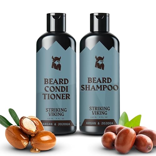 Striking Viking Beard Shampoo and Conditioner Set - 4 Fl Oz Each, Fresh Masculine Scent - Beard Wash and Conditioner for Men - Cleanses & Softens