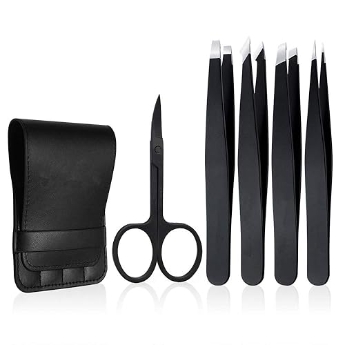 Tweezers Set 5-Piece - Professional Stainless Steel Tweezers with Curved Scissors, Best Precision Tweezer for Eyebrows, Splinter & Ingrown Hair