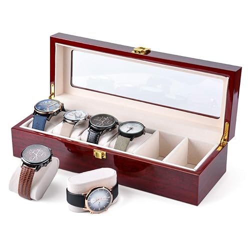 Karamanda 6 Wide Slots Wooden Paint Watch Box, Cherry-red Watch Storage Organizer with Glass Top and Locking Clasp for Women Men's Christmas Gift