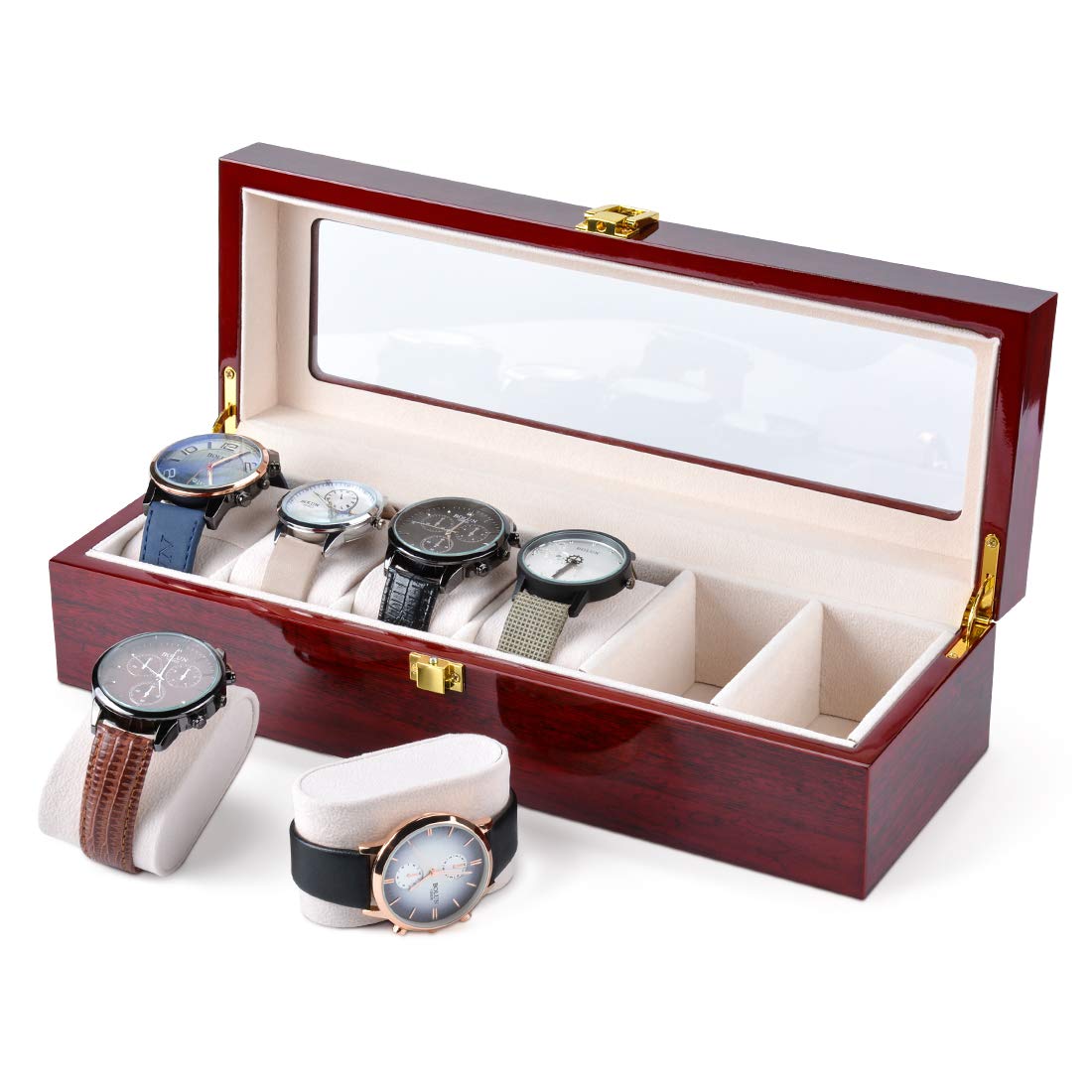 Karamanda 6 Wide Slots Wooden Paint Watch Box, Cherry-red Watch Storage Organizer with Glass Top and Locking Clasp for Women Men's Christmas Gift