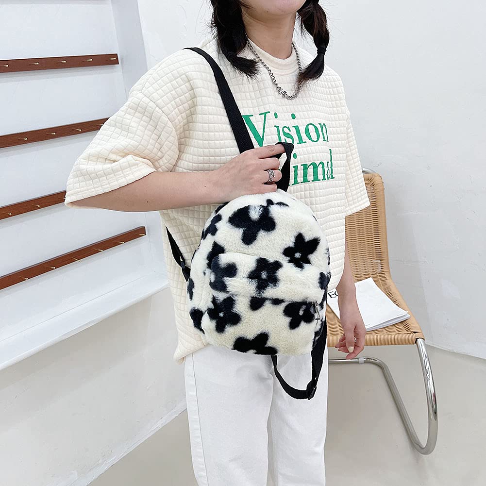 AnsenSUN Women Faux Plush Tote Bag Backpack, Plush Backpack, Preppy Style Flowers Printing Casual Knapsack, Mini Rucksacks Black and White…