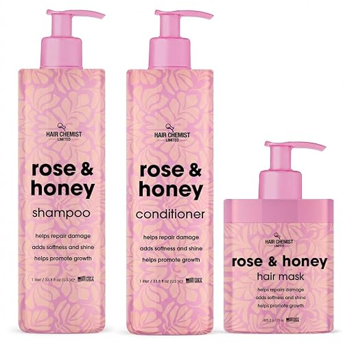 Hair Chemist Rose & Honey Deluxe 3-PC Hair Care Collection - Includes Shampoo 33.8oz & Conditioner 33.8oz & Hair Mask 15oz