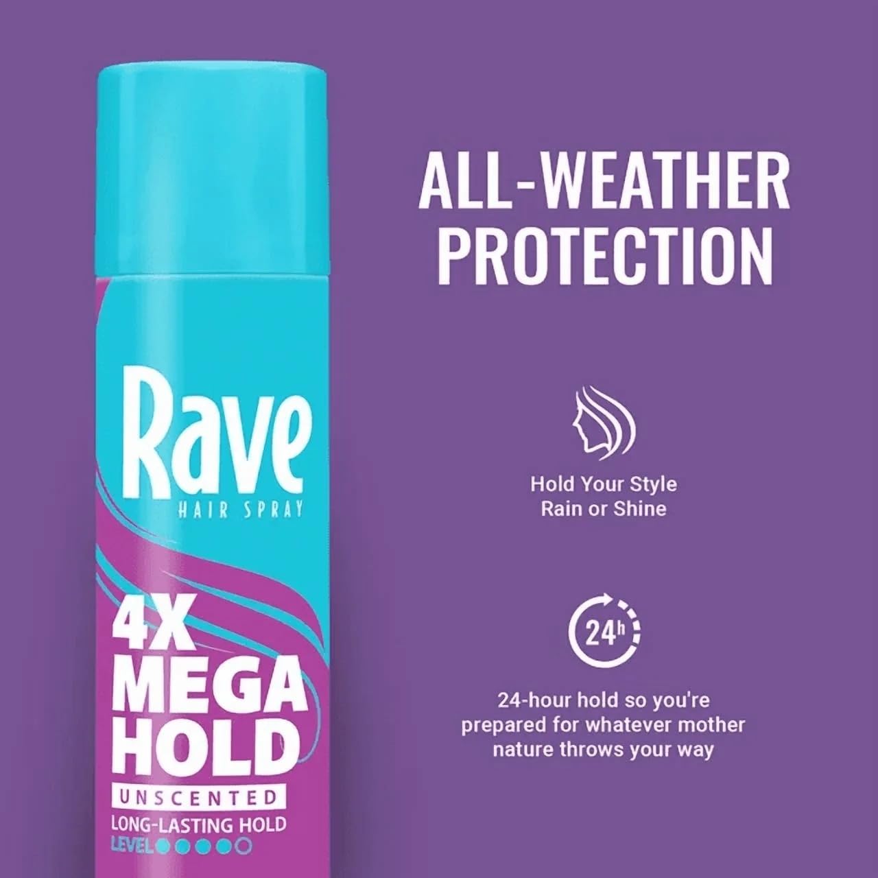 Rave 4X Mega Unscented Aerosol Hairspray - Hair Spray for High Humidity Weather - 24-Hour Lasting Hold - Vitamin-Enhanced Hair Volume Spray - 4 pc