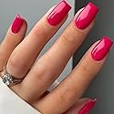 Gel Nail Polish Press on Nails Short, Handmade Hot Pink Fake Nails Medium Square Shape UV Jelly Finish Glue on Nails for Women Acrylic False Nail Kits