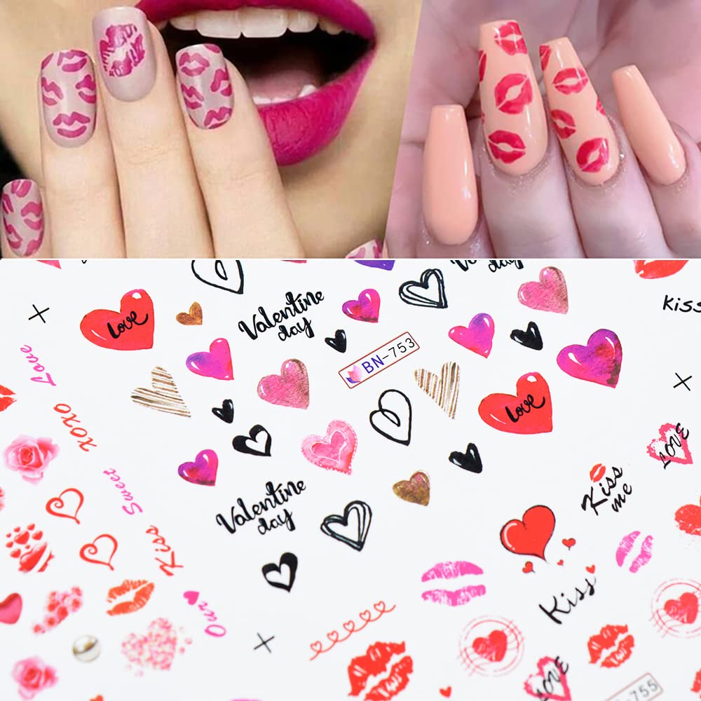 Valentine's Day Nail Decals - 12 Sheets Heart Rose Love Sexy Lips Lipstick Valentines Nail Art Tattoo Stickers DIY Nail Decoration for Women Girls