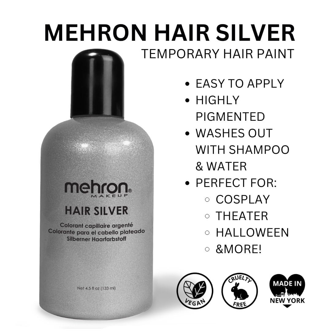 Mehron Makeup Hair White | Washable White Hair Dye | Temporary Hair Color for Theatre, Cosplay, & Halloween 1 fl oz (30ml) (Silver)