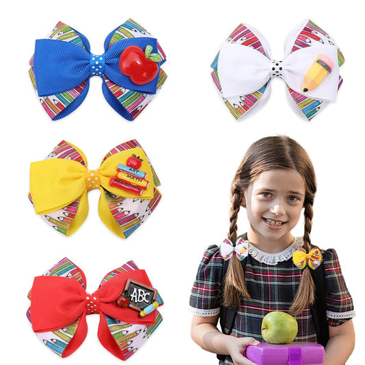 4pcs Back to School Hair Bows Clips for Girls - Yellow Apple Pen Blackboard Barrette, Colorful Hair Bow Accessories for First Day of School