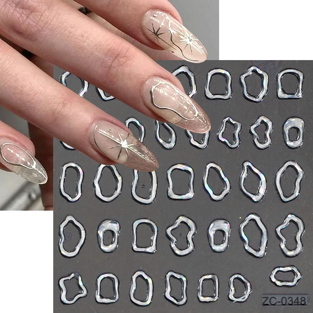 Dornail 6 Sheets 5D Crystal Soft Glue Embossed Nail Stickers Irregular Geometric Frames Nail Decals Hearts Waterdrop Nail Art Stickers Self Adhesive