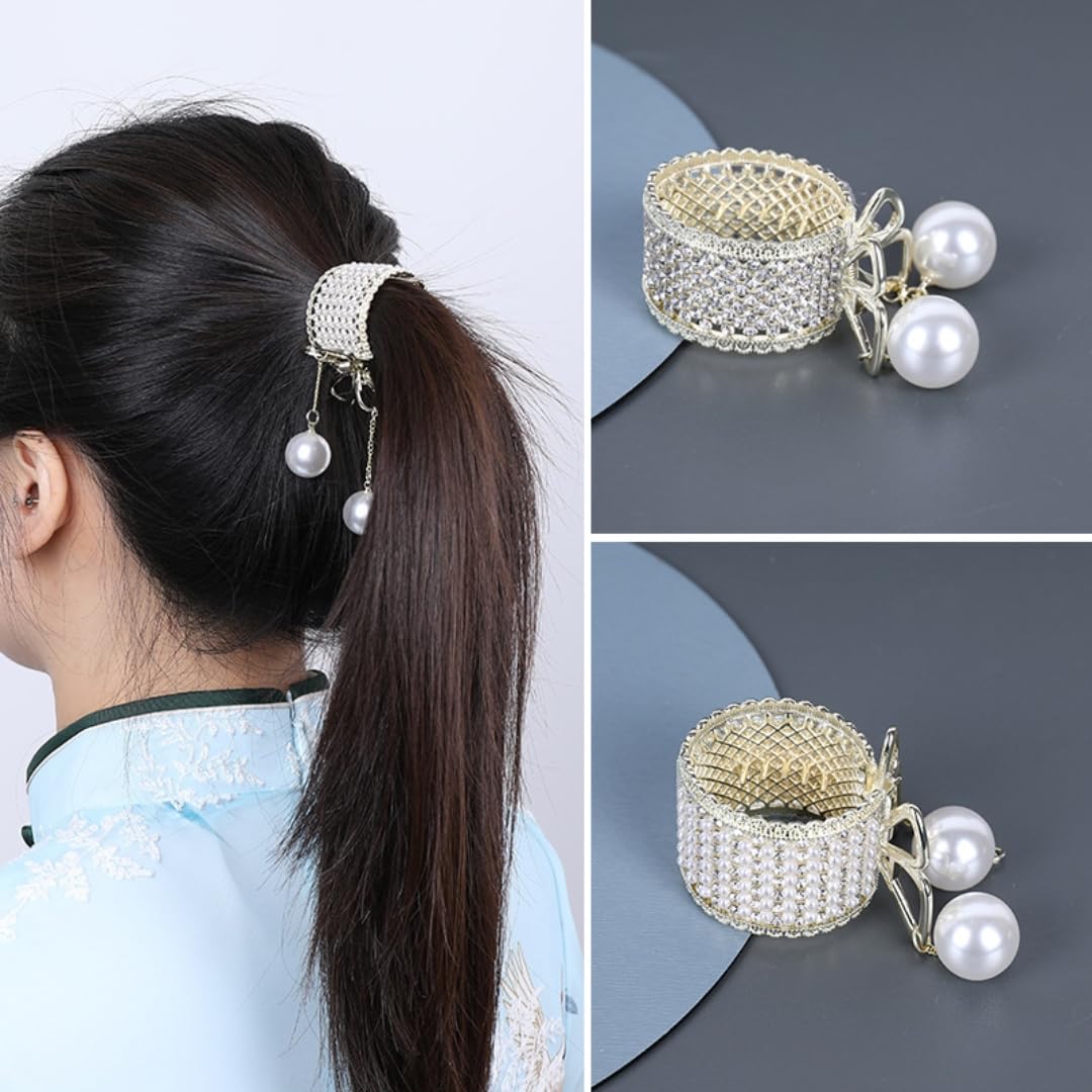 Textention Small Hair Claw Clips for High Ponytail, 2 Pieces Rhinestone Shark Hair Clips with Nonslip Mini Pearl Hair Clamps, Hair Clips Hairpins Hair