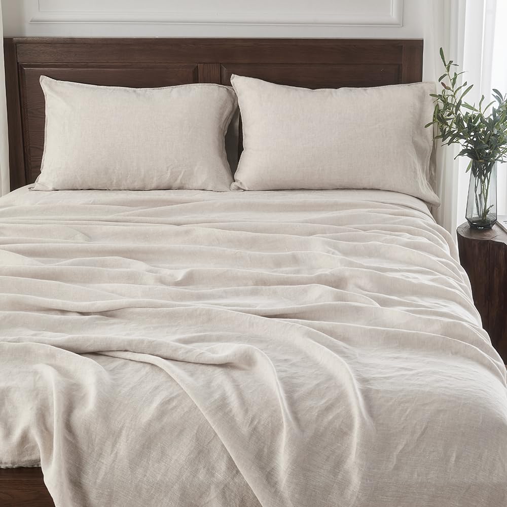 S VICTORY SYMBOL 100% Organic French Linen Bed Sheets Queen Size,Stone Washed Flax 4PCS Sheets Set(1 Flat Sheet+1 Fitted Sheet+2 Pillow Cases)