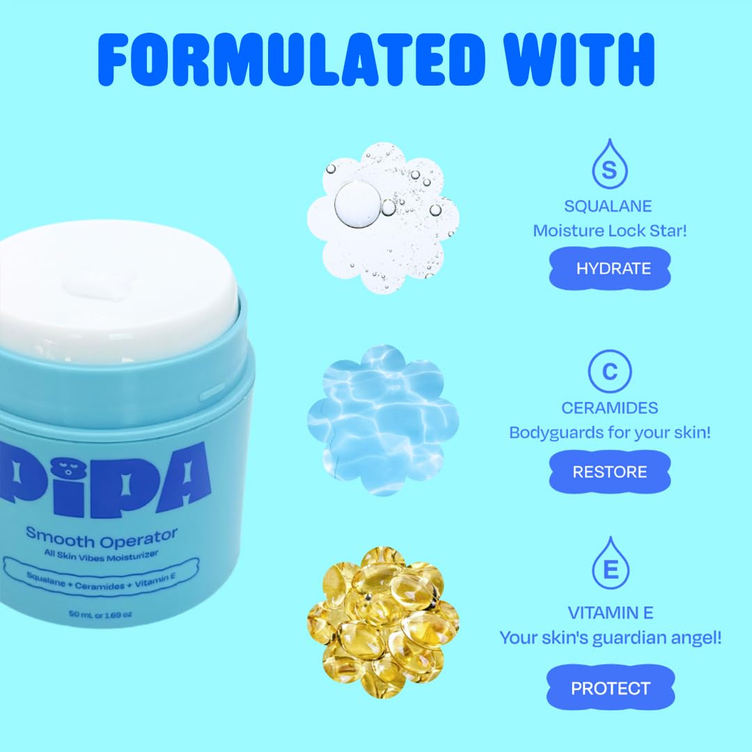 Pipa Skincare Smooth Operator Kids Face Moisturizer 1.7 oz | Clean, Non-Toxic, Hypoallergenic, Fragrance-Free Lotion | Multi-Vitamin Ceramides Cream |