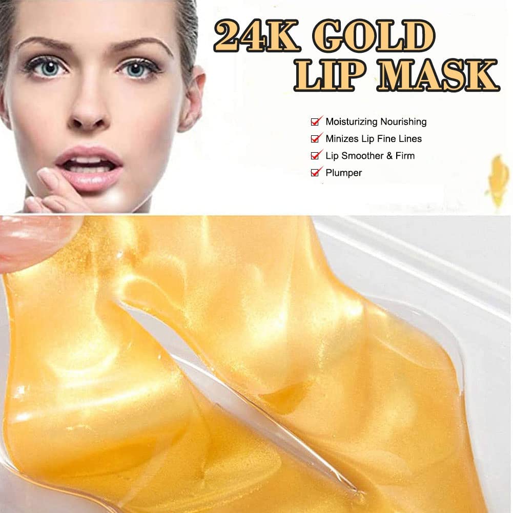 24K Golden Crystal Lip Masks 30 Pieces Hydrating Lip Plumper Mask Collagen Nourishing Lip Care Gel Pads Remove Dead Skin Anti Chapped & Anti-Aging Lip