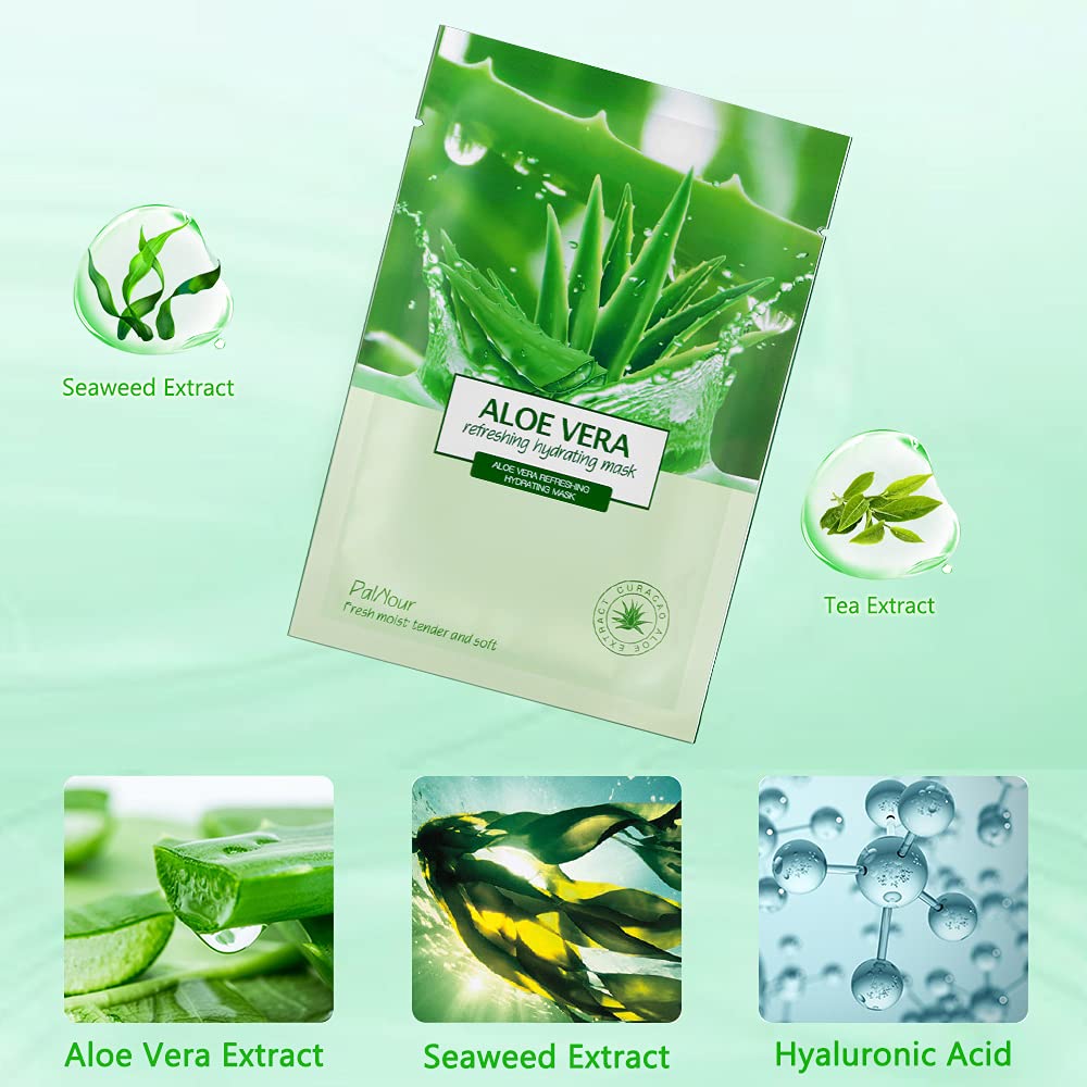 PalNour Aloe Facial Skincare Sheet Hydrating Moisturizing Revitalizing Facial Skincare Sheet for Dry, Oily, Sensitive and Tired Skin 25ml/0.8oz, Pack