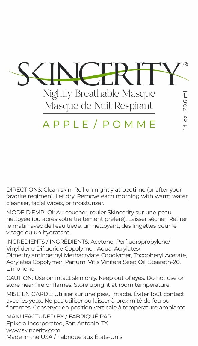 Skincerity Nightly Breathable Masque - Apple, Grapeseed Oil and Vitamin E, Anti-Aging, Reduce Pore Size and Wrinkles, Hydrating and Nourishing