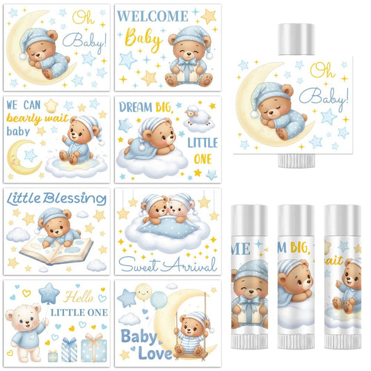 Peacoblue 160Pcs Lip Balm Labels Sticker for Tubes 2.1"x1.7" Baby shower teddy bear, 8 Styles Waterproof Chapstick Labels Glossy for Homemade Lip Balm Beauty and Personal Care peacoblue