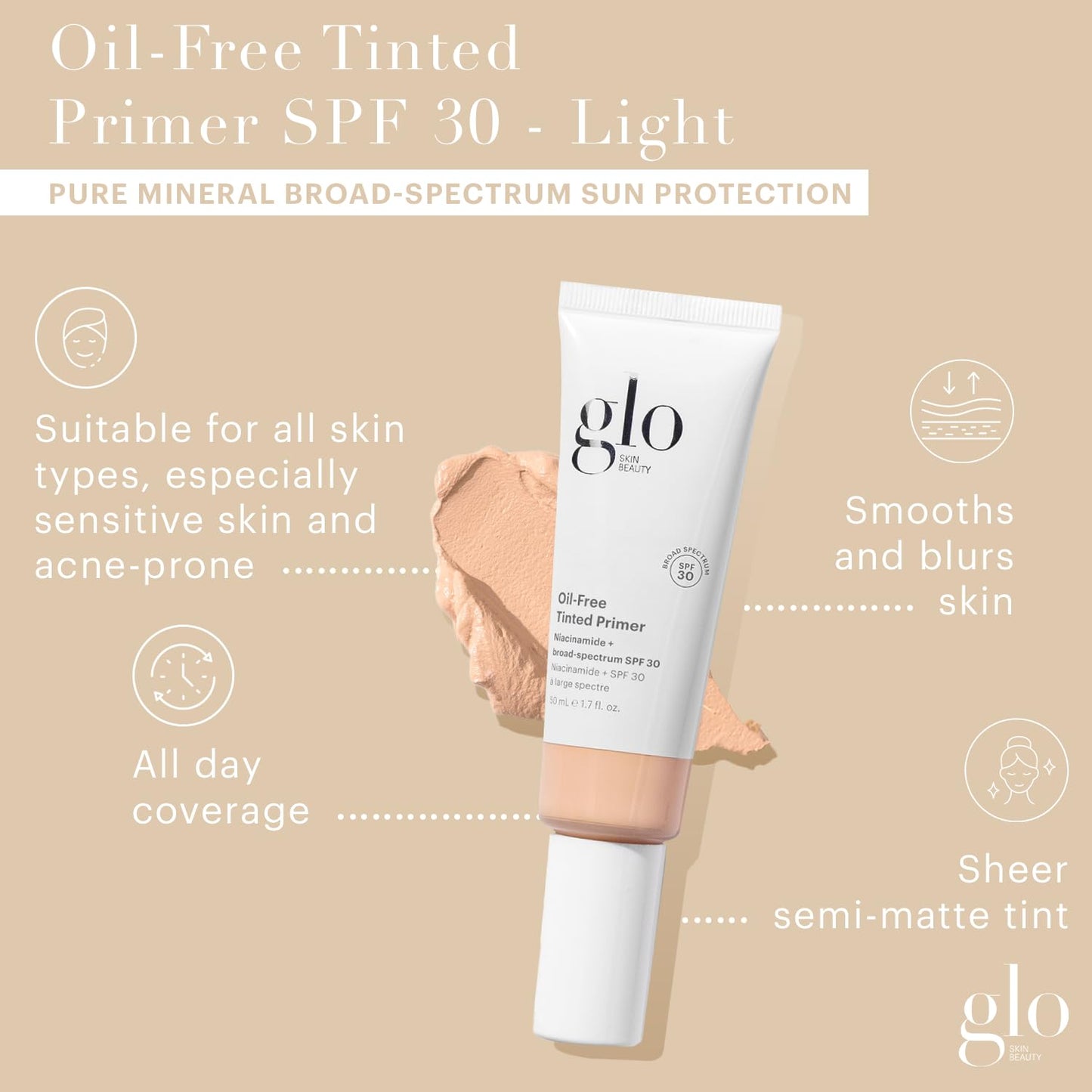 Glo Skin Beauty Oil-Free Tinted Primer SPF 30, (Light) 1.7 oz - Mineral Makeup for Face, 4-in-1 Foundation Primer, Sheer Coverage, Skincare