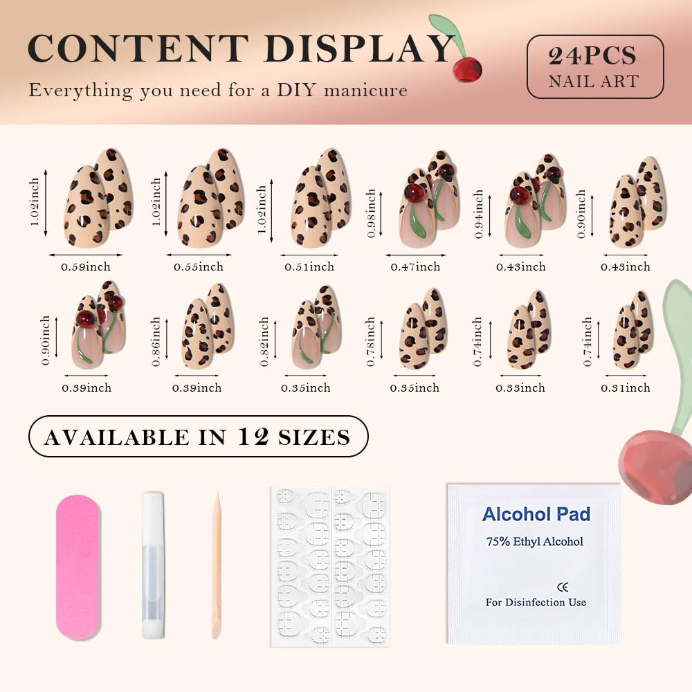 XZMeiLun Spring & Summer 3D Cherry Leopard Print Press On Nails, Medium Almond Cheetah French Tip, Salon Quality Designer Reusable Acrylic Fake Nails Beauty and Personal Care XZMeiLun