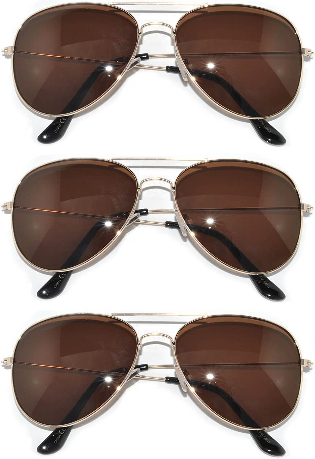 3 pairs Classic Aviator Style Sunglasses Metal Frame Gold Color Brown Lens 3 Pack