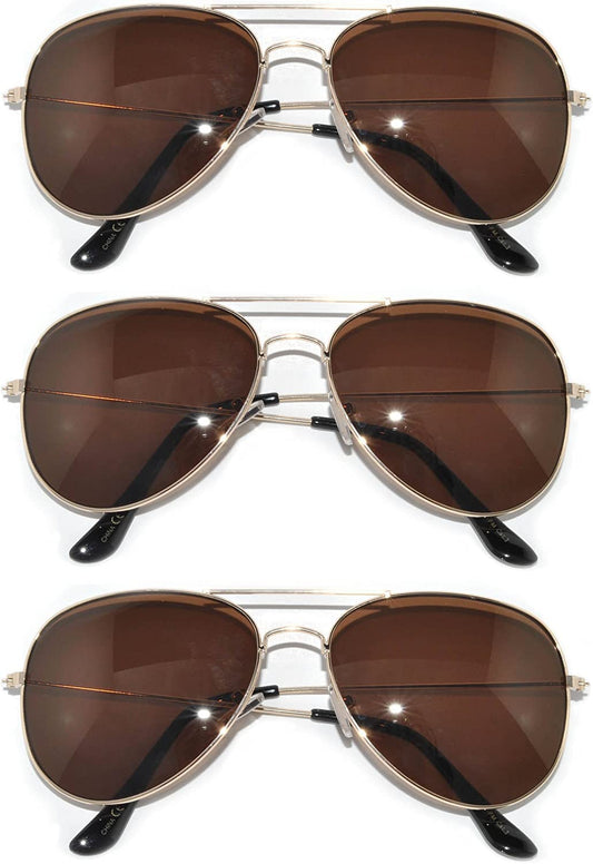 3 pairs Classic Aviator Style Sunglasses Metal Frame Gold Color Brown Lens 3 Pack
