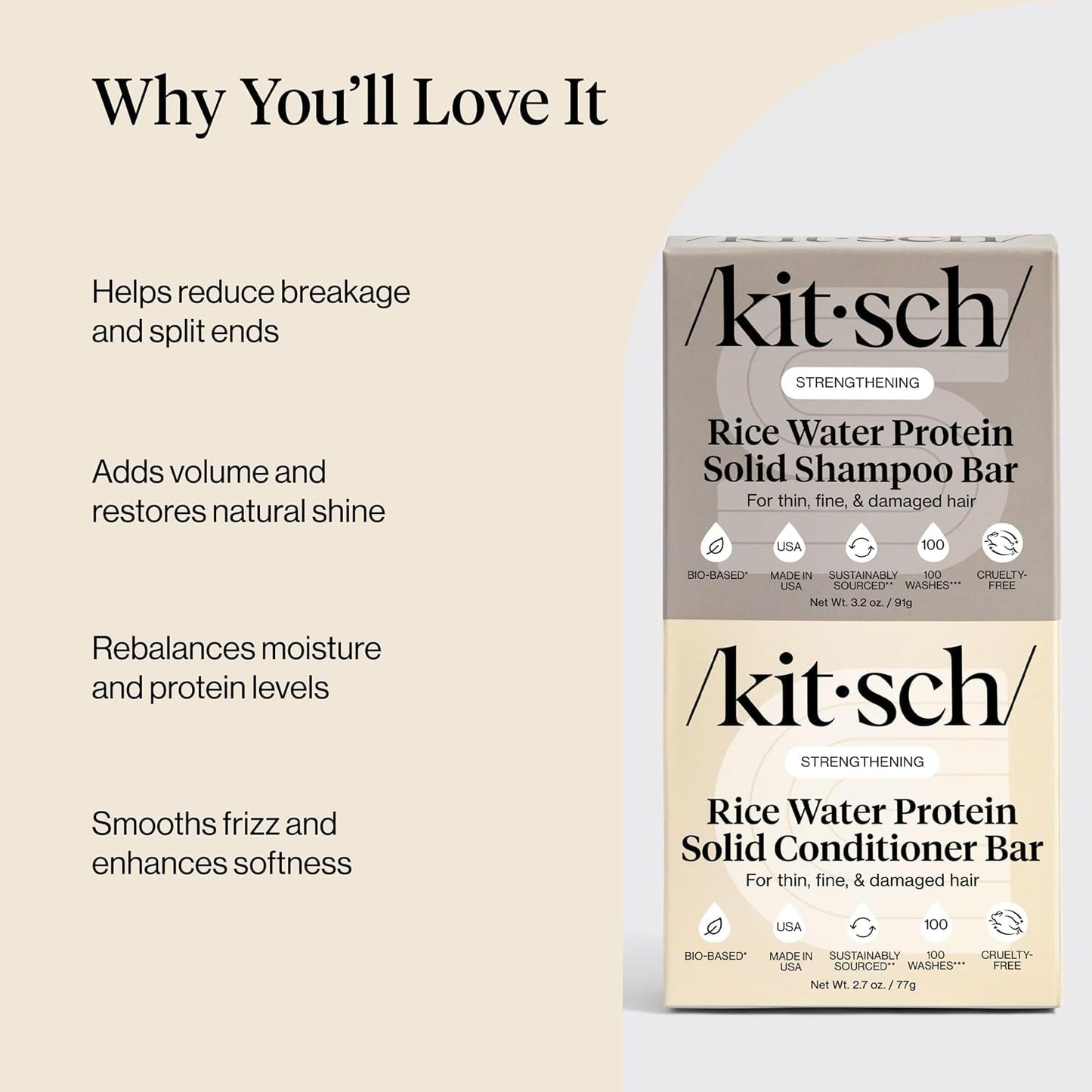Kitsch Rice Water Shampoo & Conditioner Set - Solid Shampoo & Conditioner Bar with Protein for Hair Growth, Strengthening Hair & Damage Repair