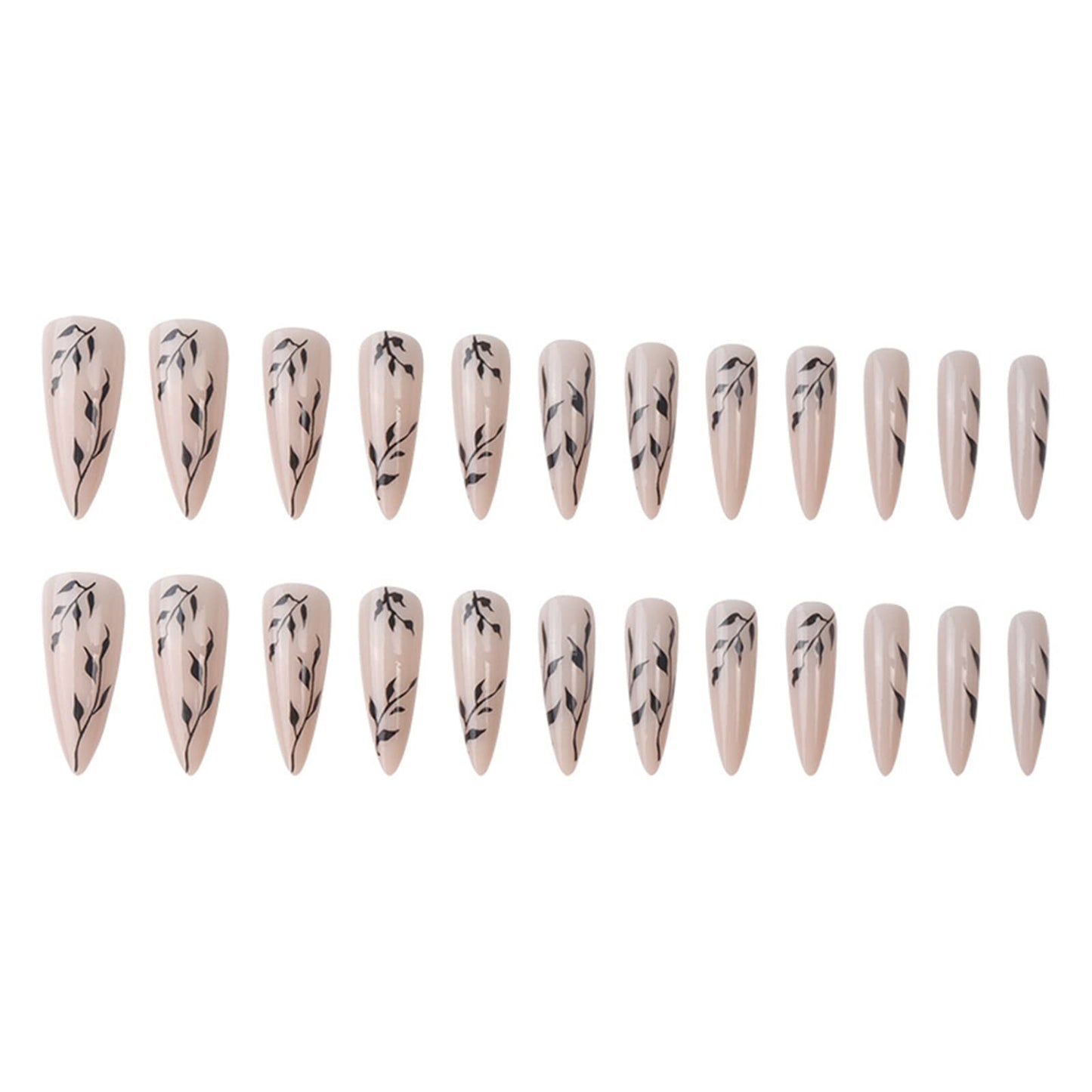 SINHOT Stiletto Press on Nails Extra Long Fake Nails with Glue Glossy False Nails with Black Leaves Designs Full Cover Almond Acrylic Nail 24pcs