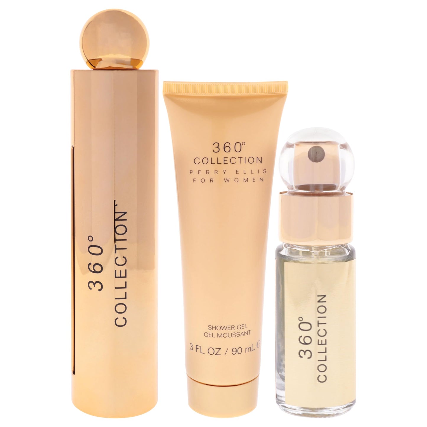 Perry Ellis 360° Collection for Women - 3-Piece Canister Gift Set (3.4 fl oz Eau de Parfum, 3 oz Shower Gel, .25 fl oz EDP Mini Travel Spray) -